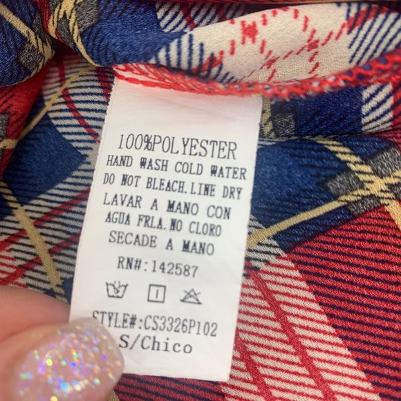 Cals Red Plaid Long Half Button Shirt Oversized Lightweight Top Small Semi-Sheer - Picture 5 of 12